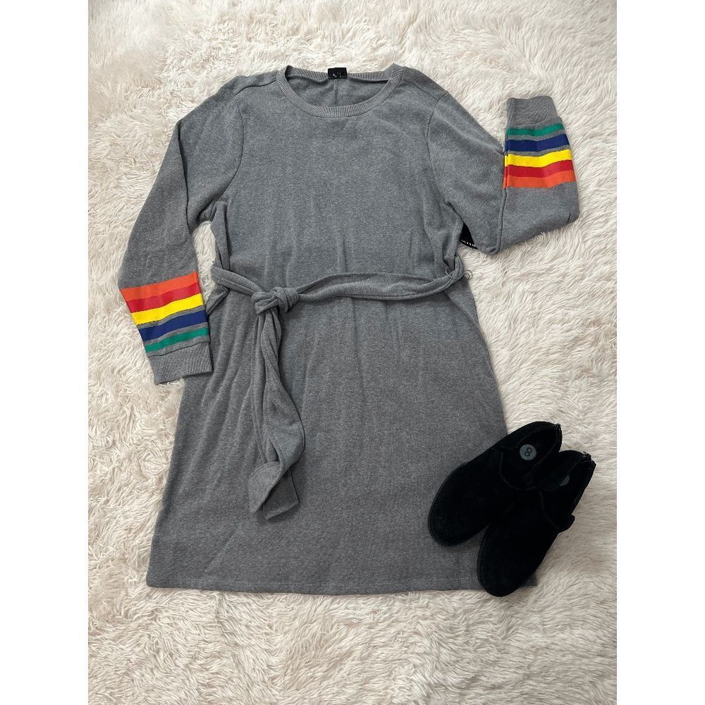 Torrid Gray Dress with Colorful Sleeve Stripes